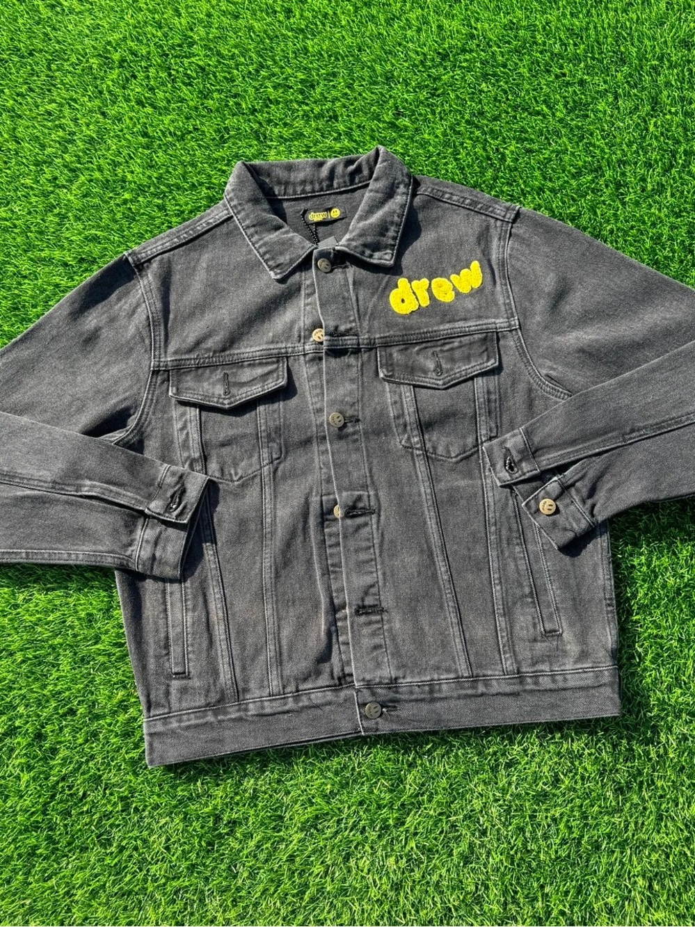 drew house Black Denim Jacket with Yellow Logo Patch